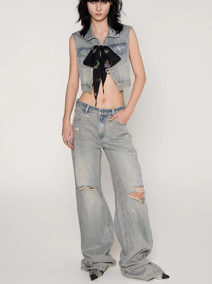 Silver-Foil Double-Waist Denim Pants