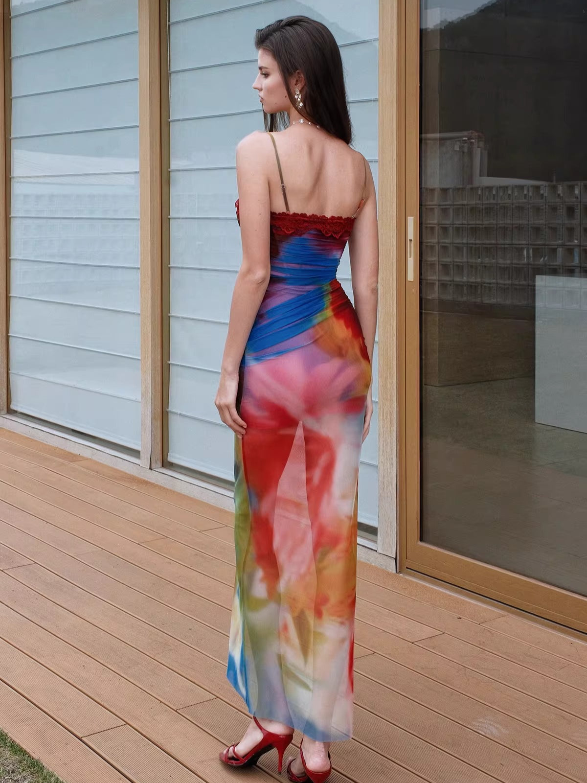 Floral Mesh Halter Corset Maxi Dress