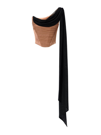 Off-Shoulder Floating Strap Cowl Neck Boned Crop Top