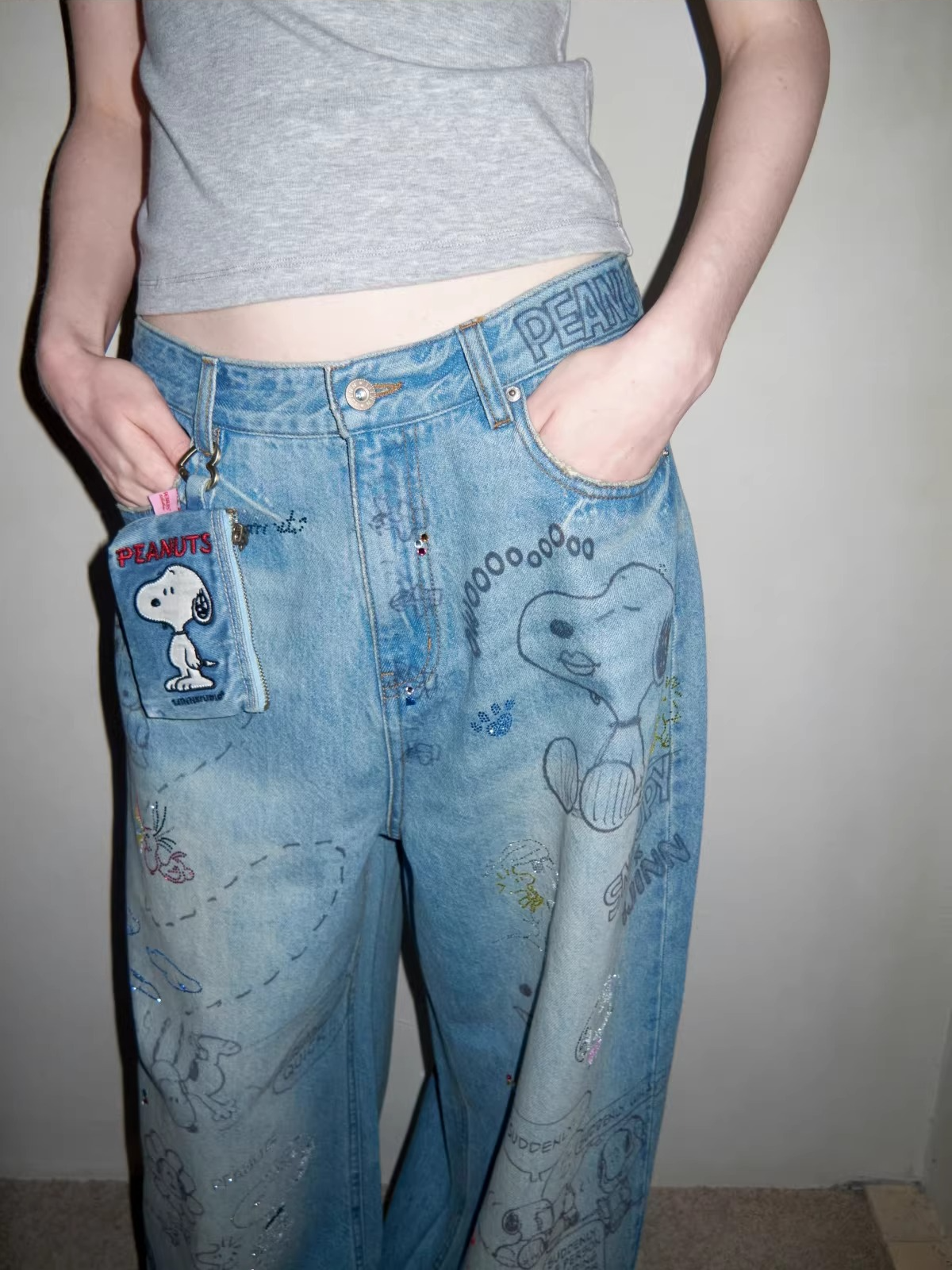 Snoopy Graffiti Crystal-Embellished Washed Denim Jeans