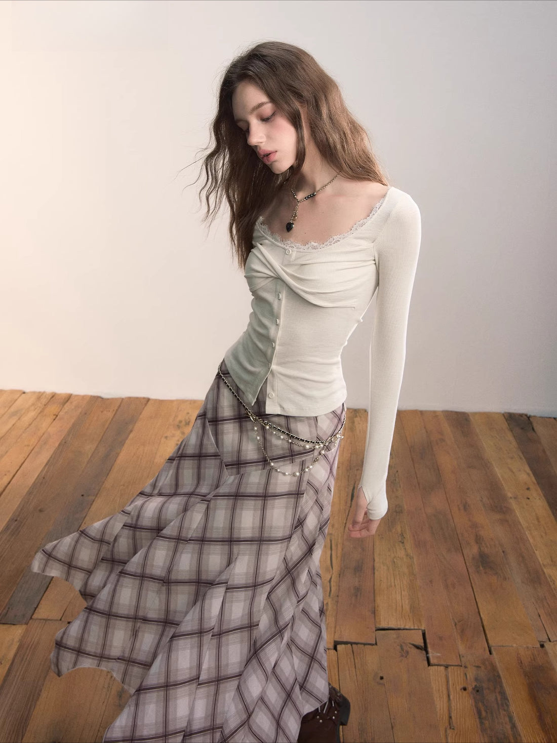 Irregular Hem Plaid Midi Skirt