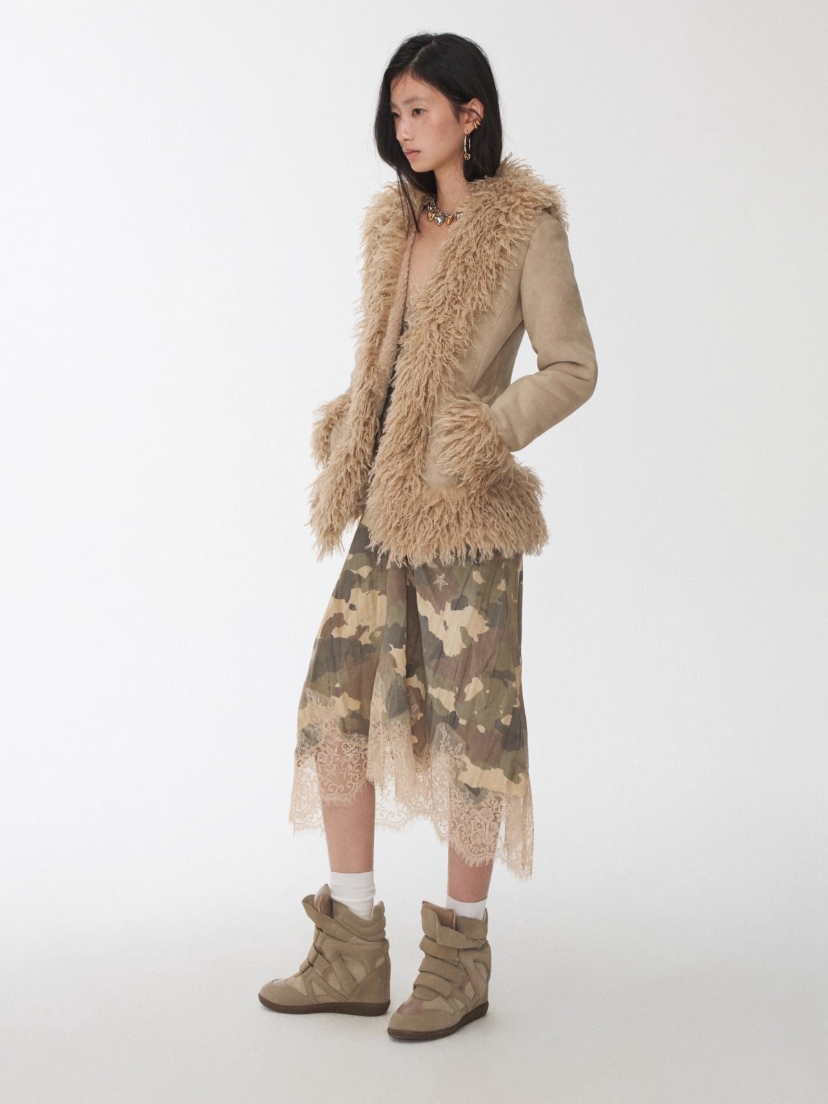 Suede Shearling Embroidered Panel Jacket