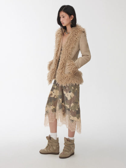 Suede Shearling Embroidered Panel Jacket