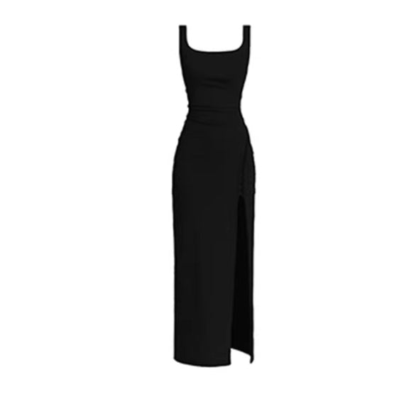 Waist-Cinching Little Black Maxi Dress
