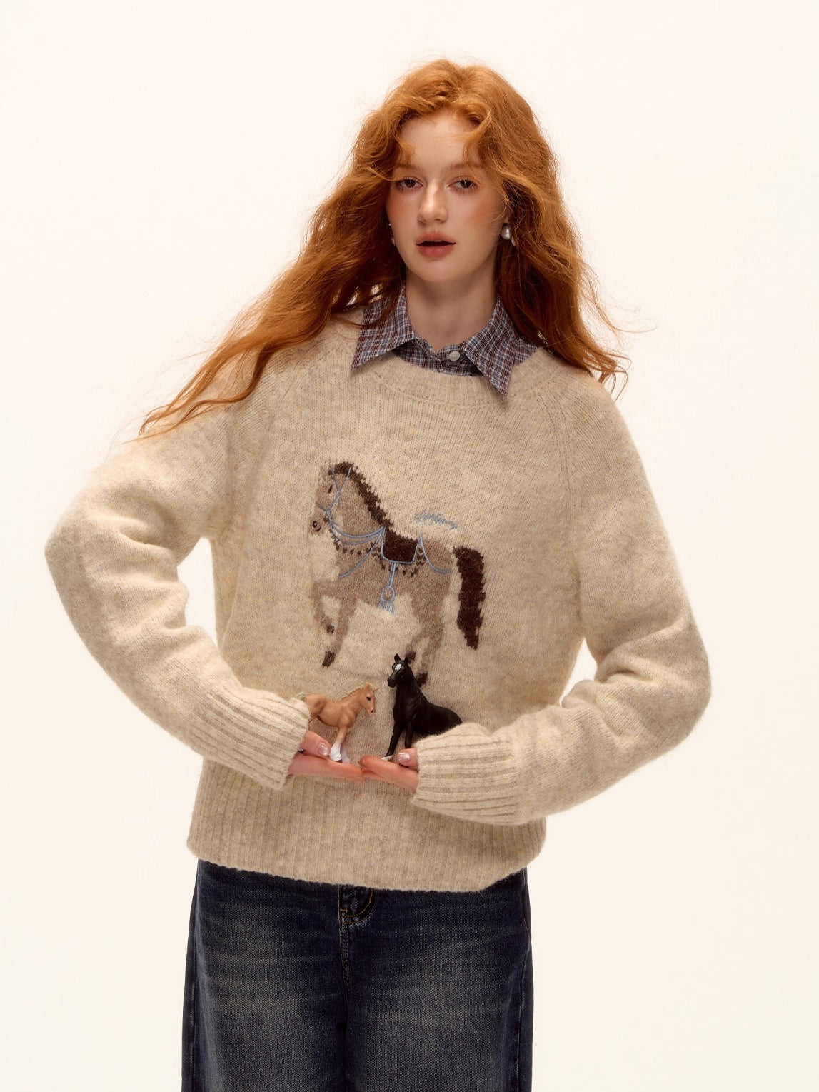 Wool Blend Horse Jacquard Embroidered Sweater