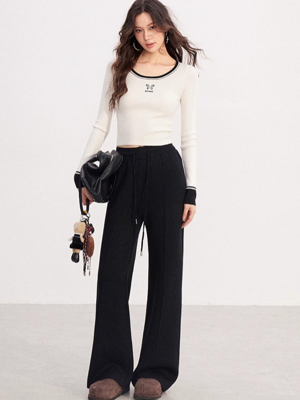 Fleece-Lined Soft-Knit Wide-Leg Pants
