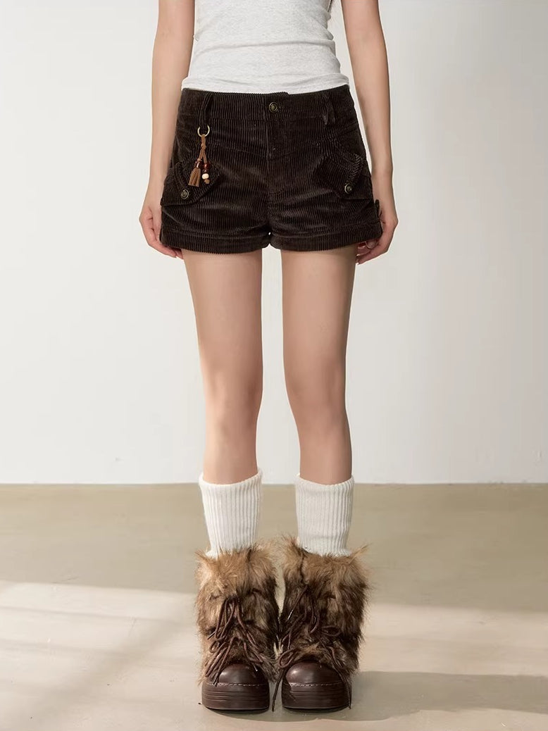 Brown Corduroy Low-Rise Slim-Fit Shorts