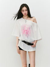Rhinestone Printed Asymmetric Shoulder Short sleeve T-shirt - CHINASQUAD