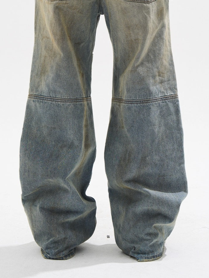 Layered Distressed Washed Loose Fit Denim Jeans