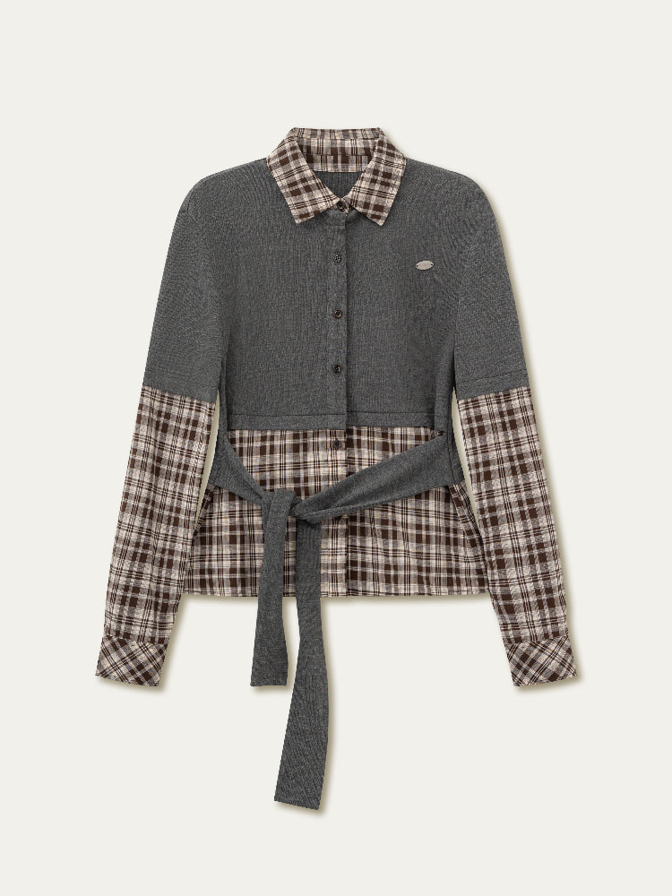 College Plaid Fake Two-piece Shirt - CHINASQUAD