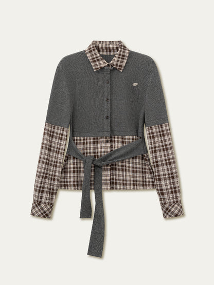 College Plaid Fake Two-piece Shirt - CHINASQUAD