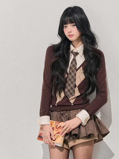 Two-in-One American Argyle Knit Sweater