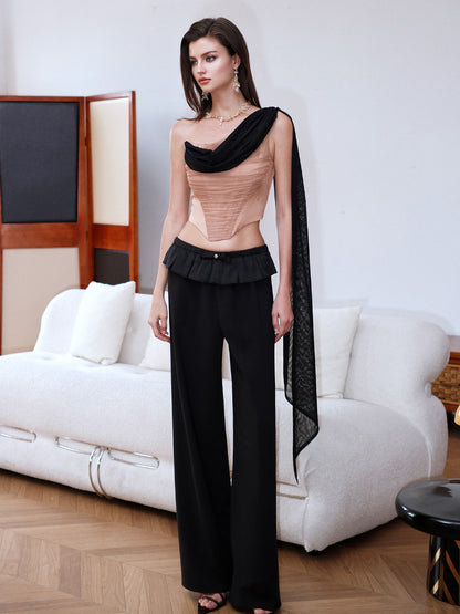 Off-Shoulder Floating Strap Cowl Neck Boned Crop Top