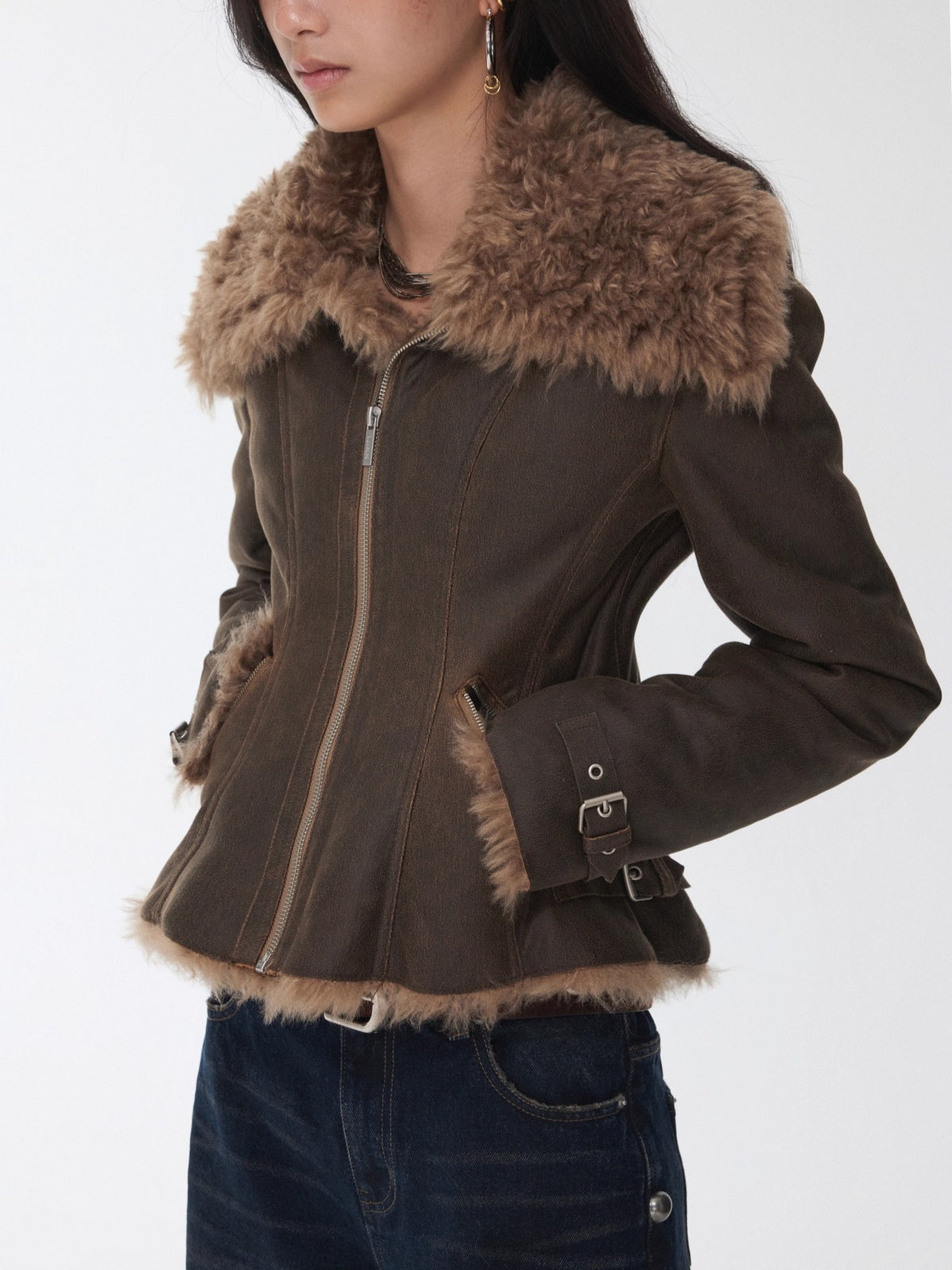 Faux Shearling-Lined Washed Leather Slim Jacket