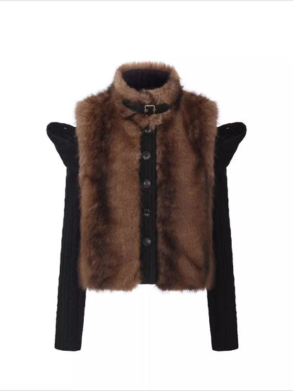 Detachable Sleeve Knit Eco-Fur Jacket