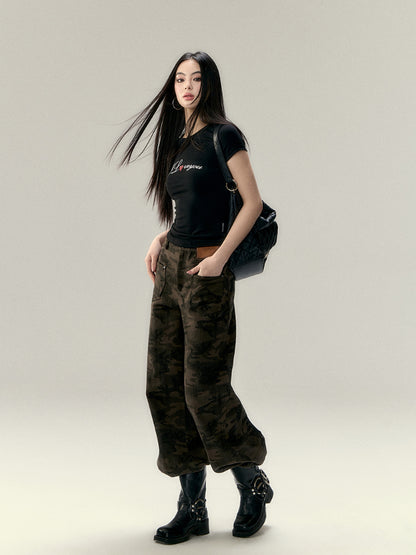 Leopard Print Camo Wide-Leg Cargo Pants