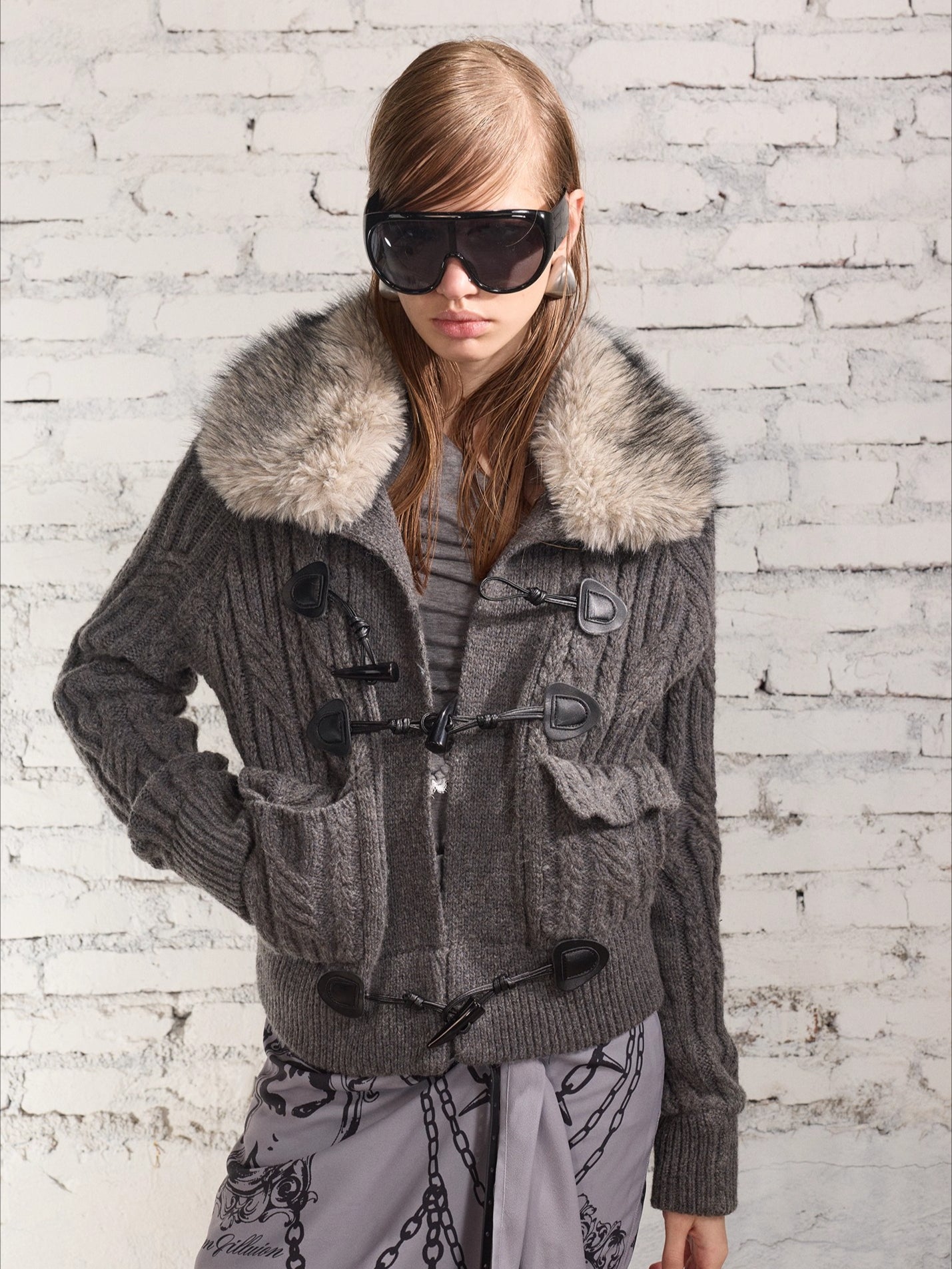 100% Wool Retro Cable-Knit Horn Button Jacket