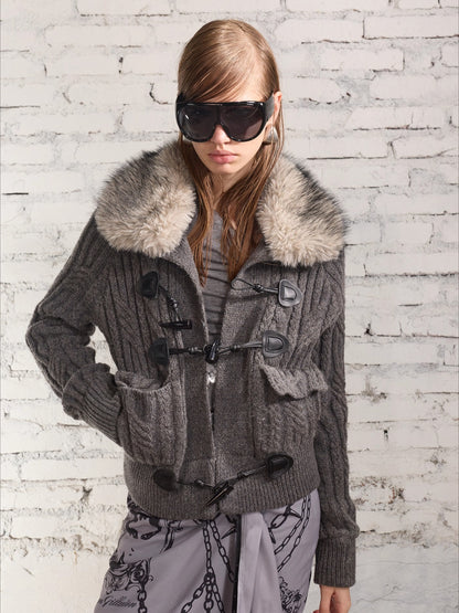 100% Wool Retro Cable-Knit Horn Button Jacket