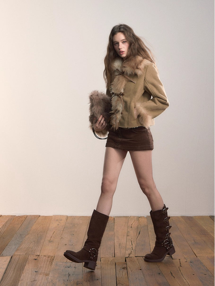 Faux Shearling Bow-Tie Collar Jacket