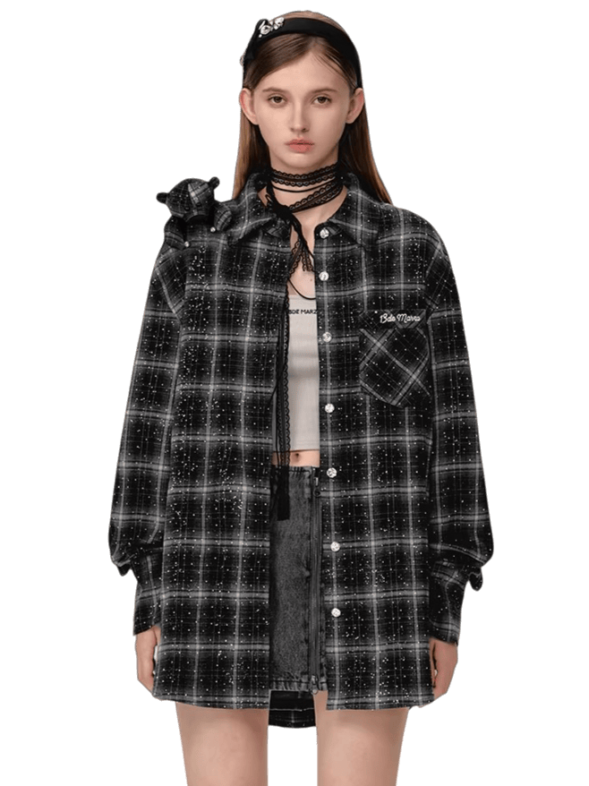 Vintage Plaid Crystal Bear Mid-Length Shirt