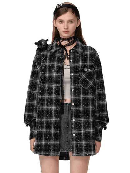 Vintage Plaid Crystal Bear Mid-Length Shirt