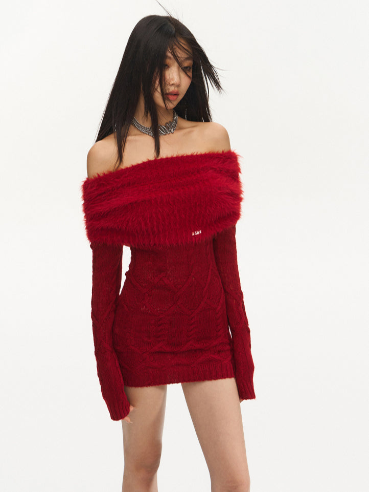 Red Off-Shoulder Mohair Knitted Dress