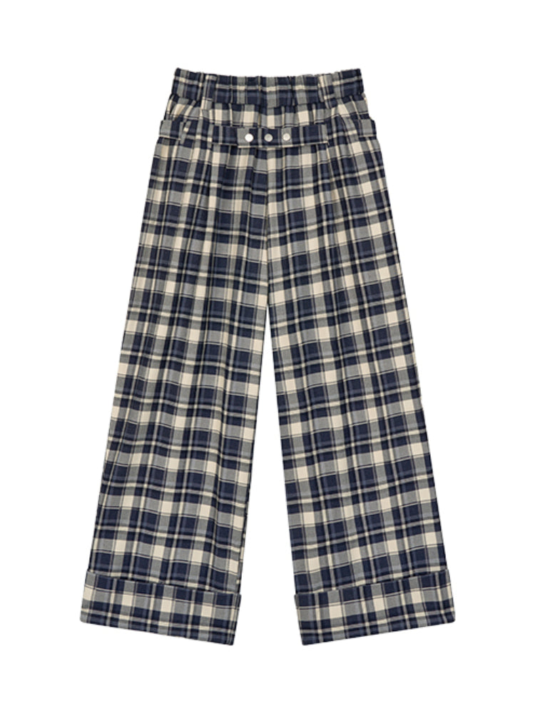 Pleated Belted Plaid Casual Pants