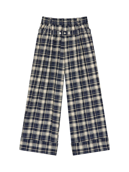 Pleated Belted Plaid Casual Pants