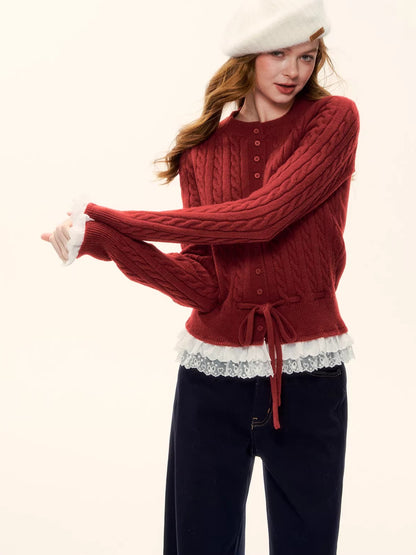 Cable Knit Lace-Hem Drawstring Sweater