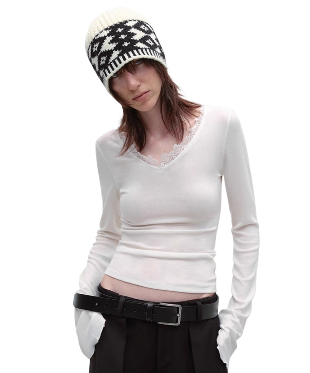 Lace V-neck Slim Long-Sleeve T-shirt