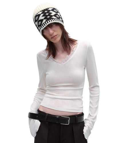 Lace V-neck Slim Long-Sleeve T-shirt
