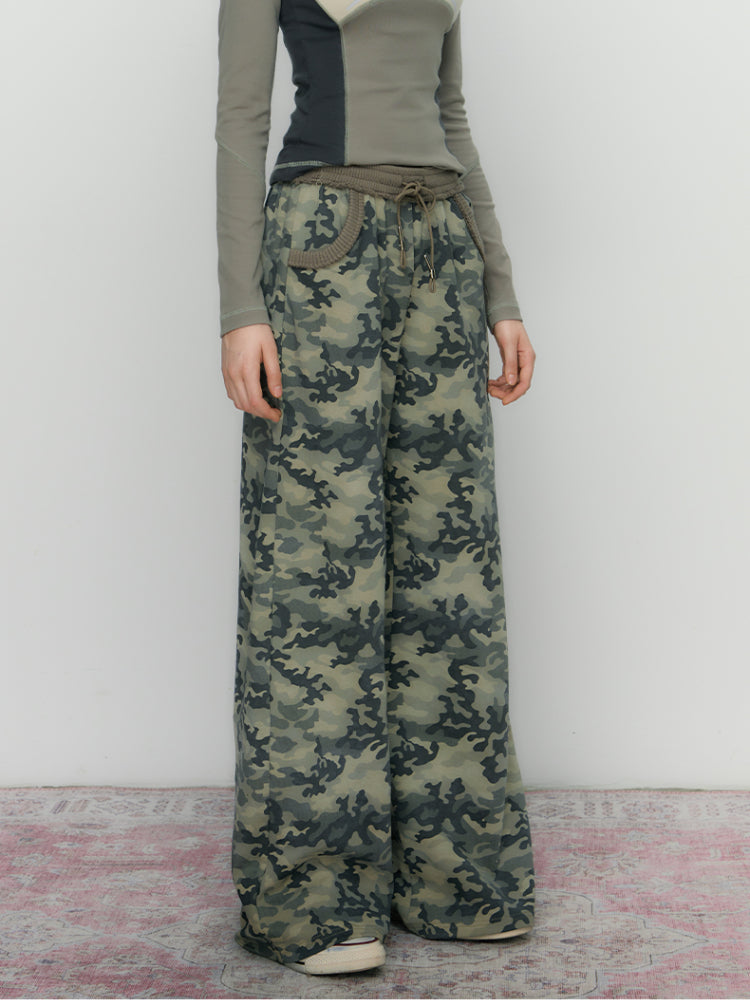 Camouflage Embroidered Loose Fit Wide Leg Pants