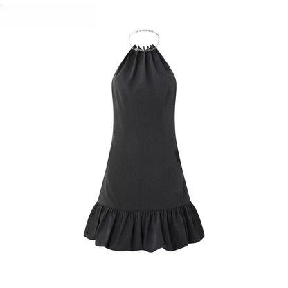 Chain Halter Bubble-Waist Mini Dress