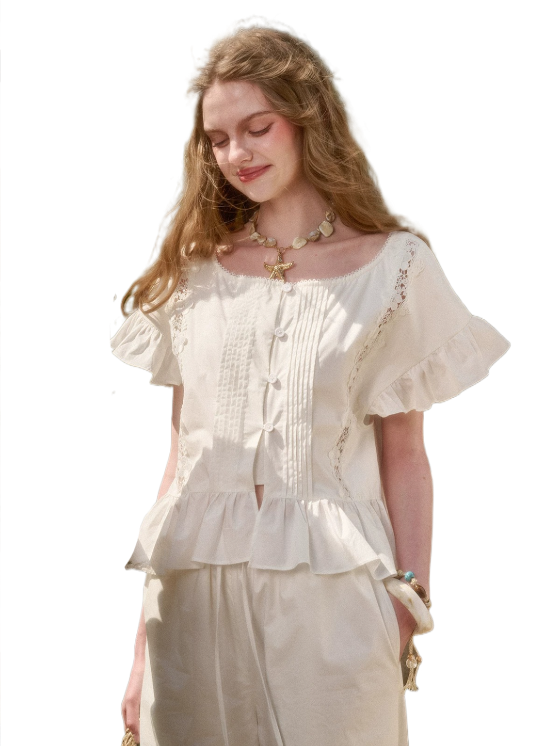 Soft Cloud Cotton Ruffle Blouse &amp; Lace-Trim Wide-Leg Pants Set