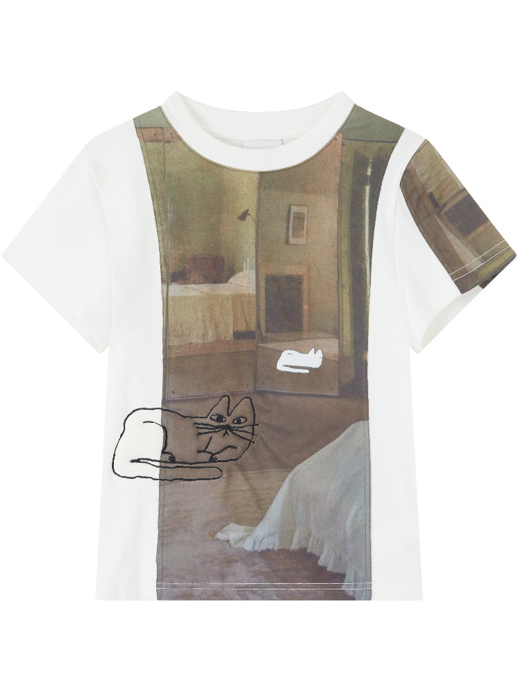 3D Cat Embroidery Shoulder Short Sleeve