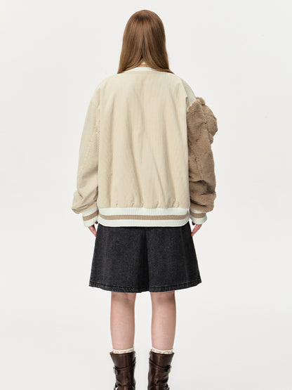 Bear Sleeve Corduroy Baseball Jacket