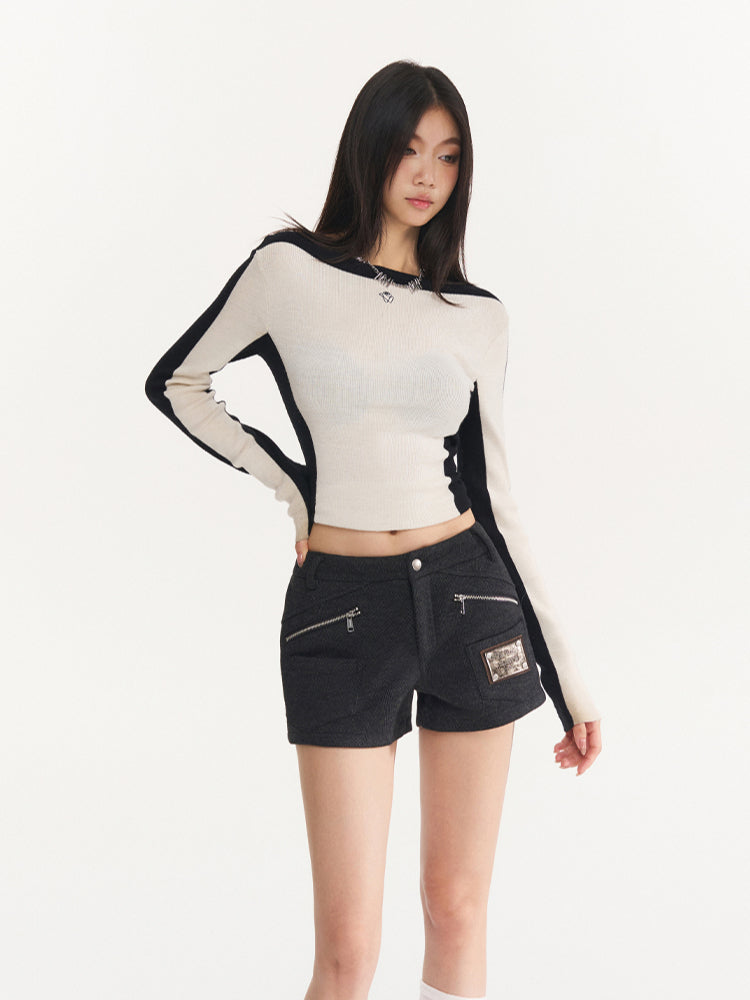 Black Herringbone Multi-Pocket Straight Shorts