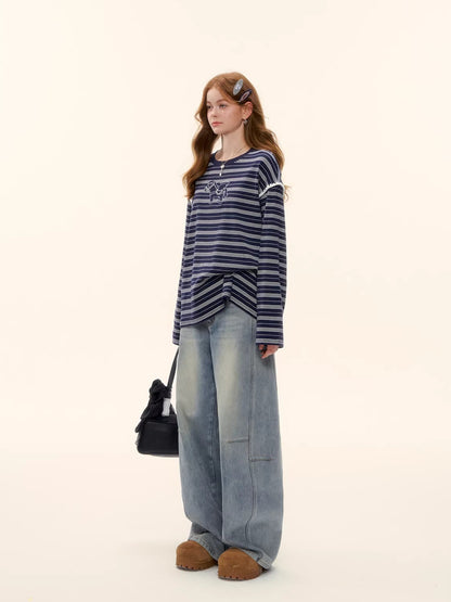 Contrast Stripe Crewneck Long-Sleeve T-Shirt