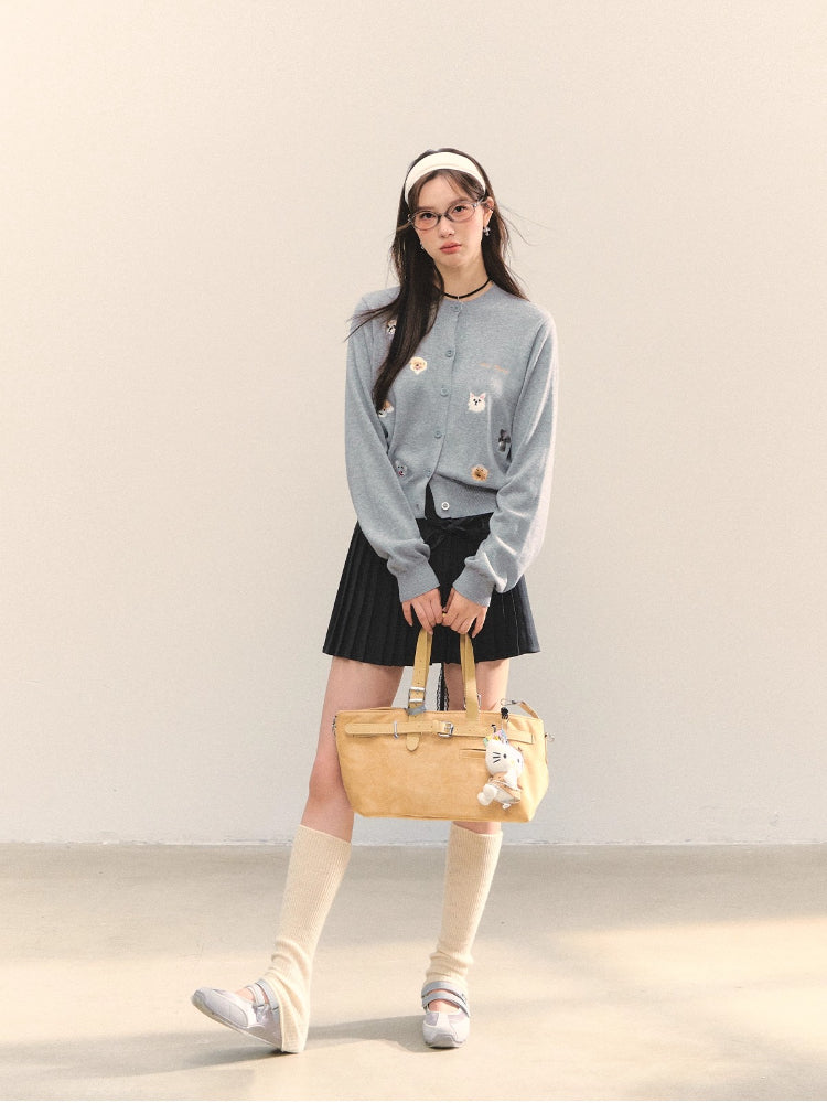 Dog Embroidery Crew Neck Knit Cardigan