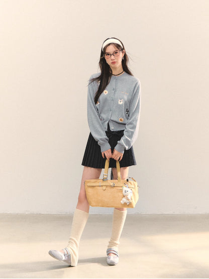 Dog Embroidery Crew Neck Knit Cardigan