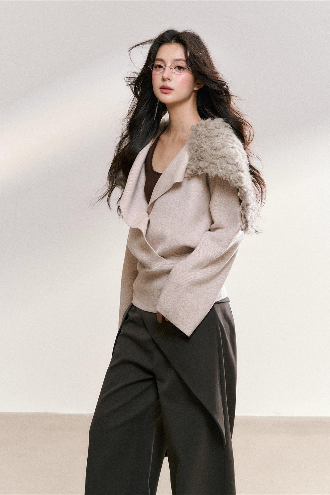 Faux Fur Collar Wrap Knit Cardigan