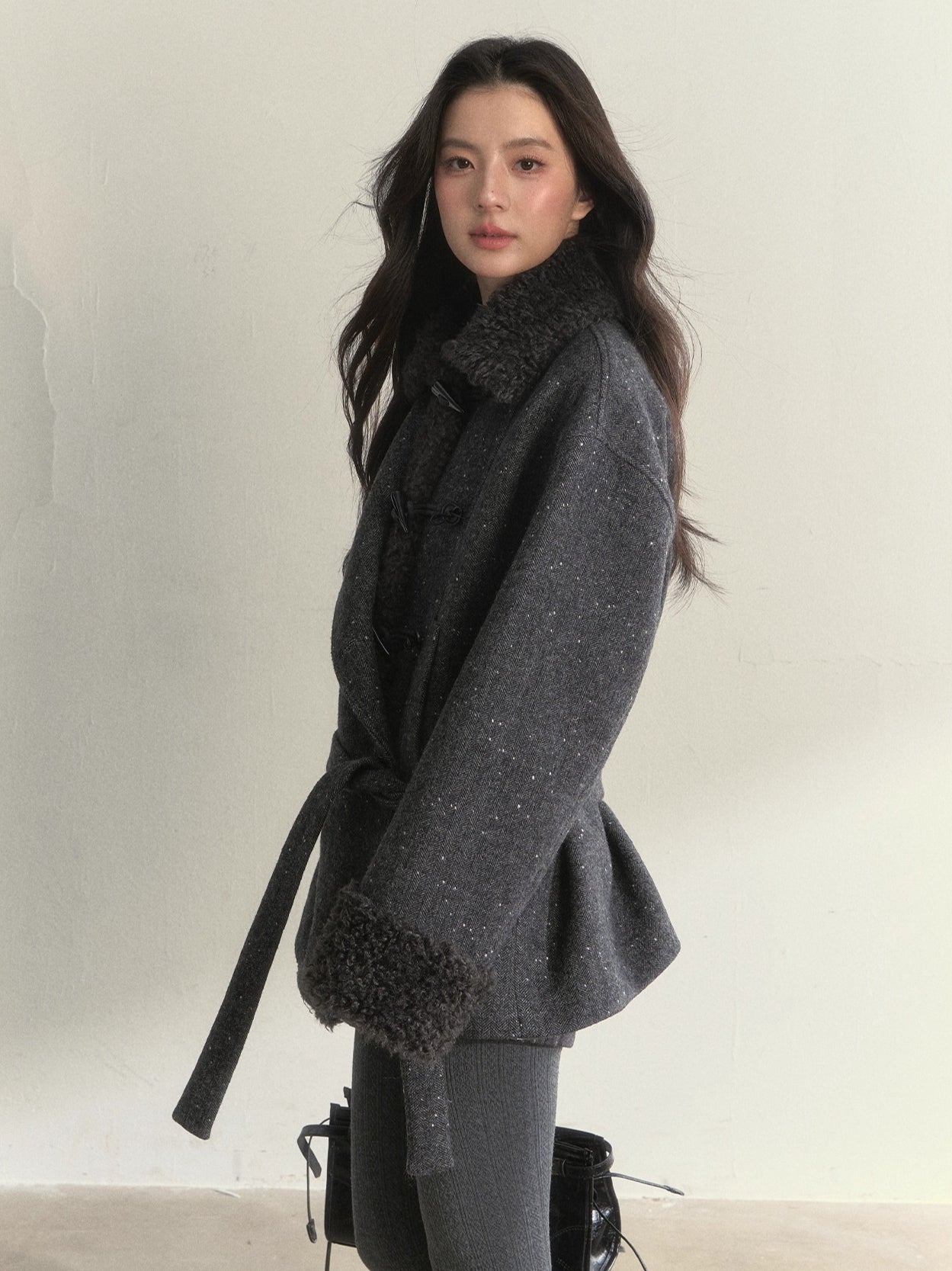 Deep Grey &amp; Brown Wool Blend Fleece-Collar Coat