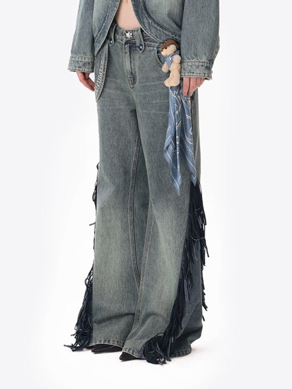 Fringe Relaxed Flare Denim Pants
