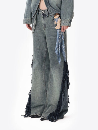 Fringe Relaxed Flare Denim Pants