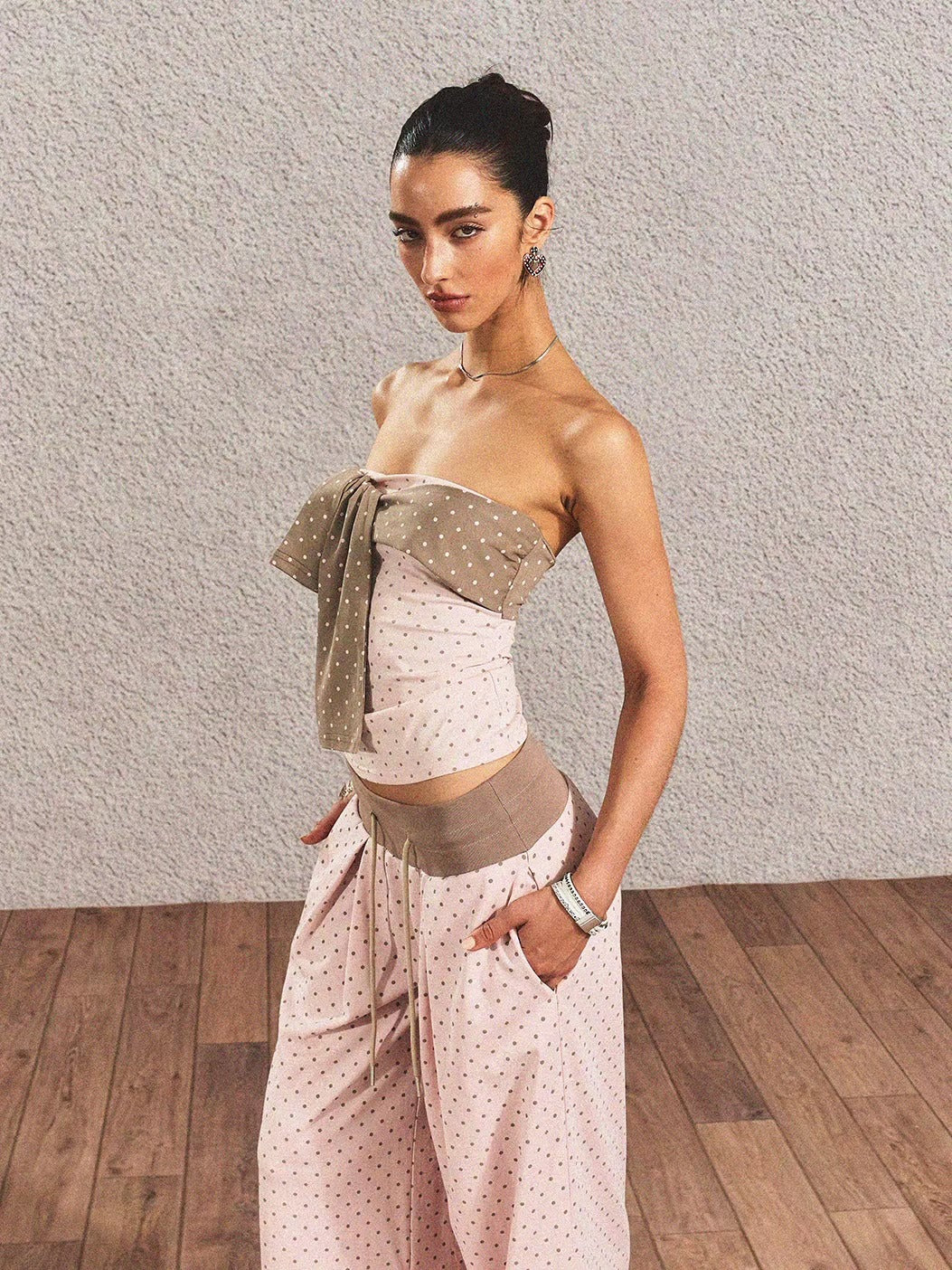 Polka-Dot Bandeau Top &amp; Straight-Leg Pants Set