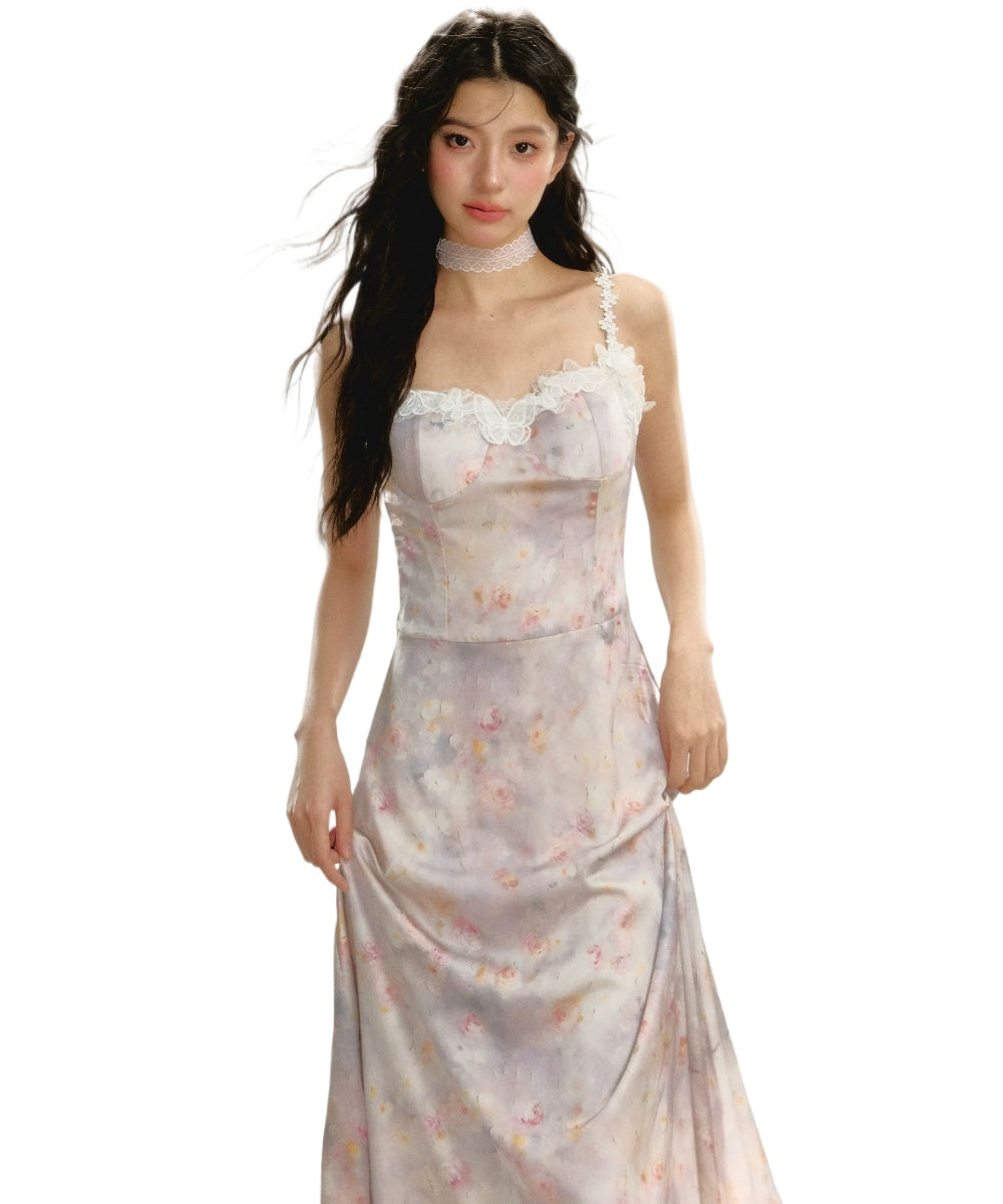 Purple New Chinese Style Printed Cami Dress