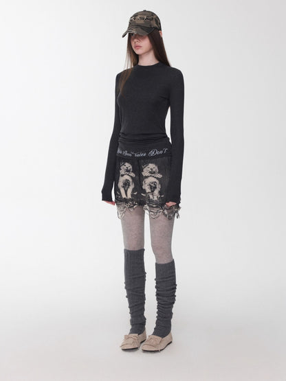 Cat Print Distressed Knit Mini Skirt