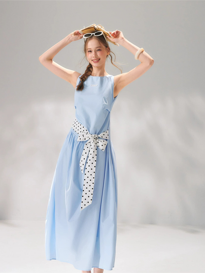 Polka-Dot Tie-Waist Sleeveless Midi Dress