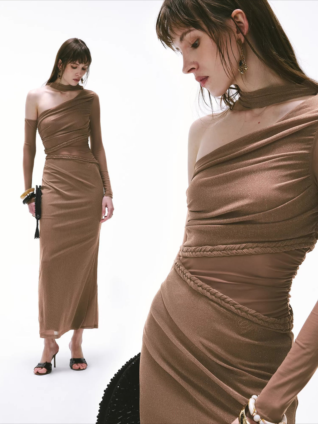 Vintage One-Shoulder Braided Ruched Maxi Dress