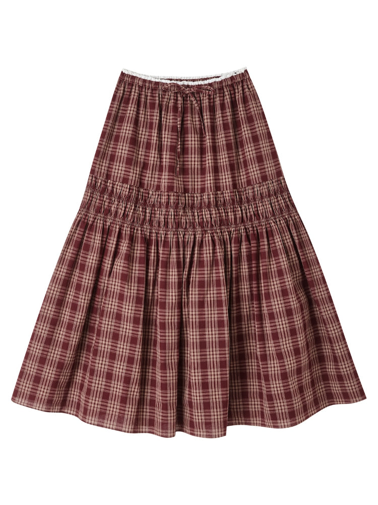 Lace Trim Drawstring Plaid Skirt